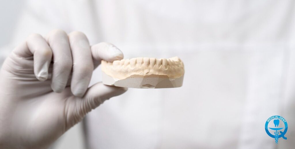 The image shows a white gloved hand holding a model of a mandible with a row of teeth. The background is white and there is a blue medical logo with a tree trunk symbol and a snake in the bottom right corner.