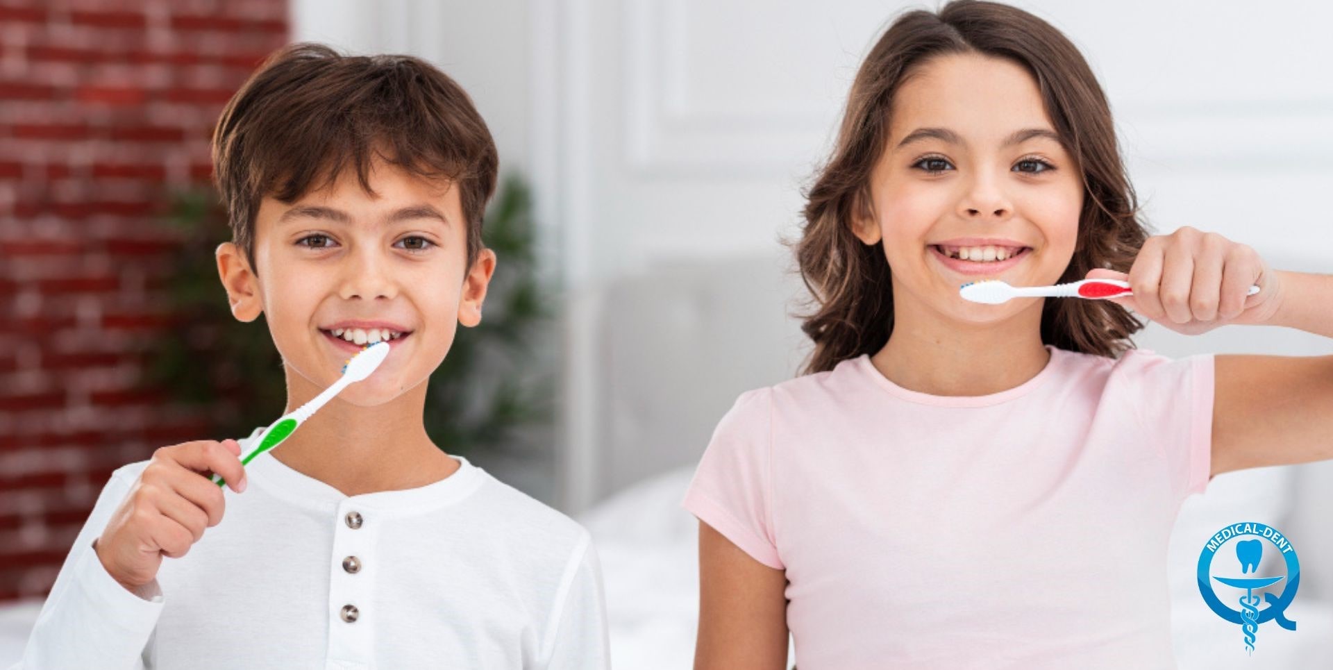 The painting shows two smiling children - a boy and a girl - brushing their teeth. They are holding toothbrushes in their hands and seem to be enjoying the process of brushing their teeth. The girl has a dental logo printed on her shirt. The image promotes good hygiene habits among children.