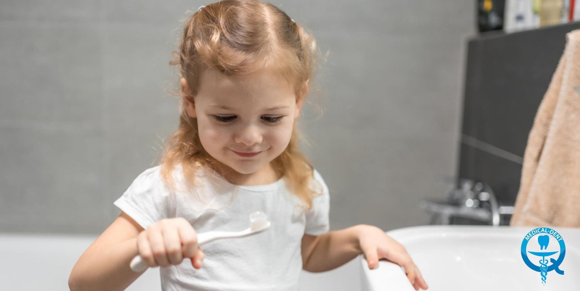 The painting shows a little girl with curly light brown hair, wearing a white T-shirt, brushing her teeth. The child is focused on this activity, with her eyelids down. Slightly fuzzy domestic objects are visible in the background, suggesting that the scene is taking place at home.