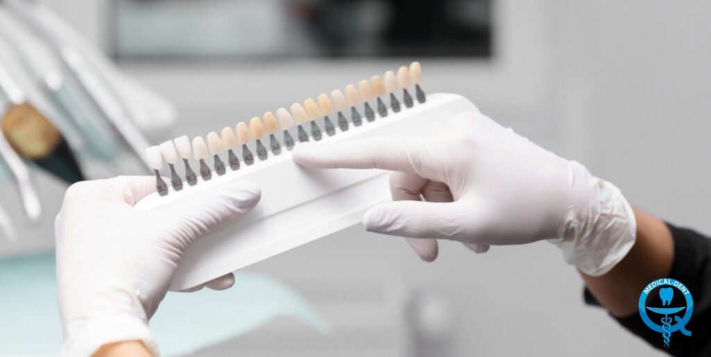 The image shows the hands of a dentist holding a tooth colour chart and a dental restoration sampler. White protective gloves are visible on the hands. A blurred desk or dentist's workstation is visible in the background.