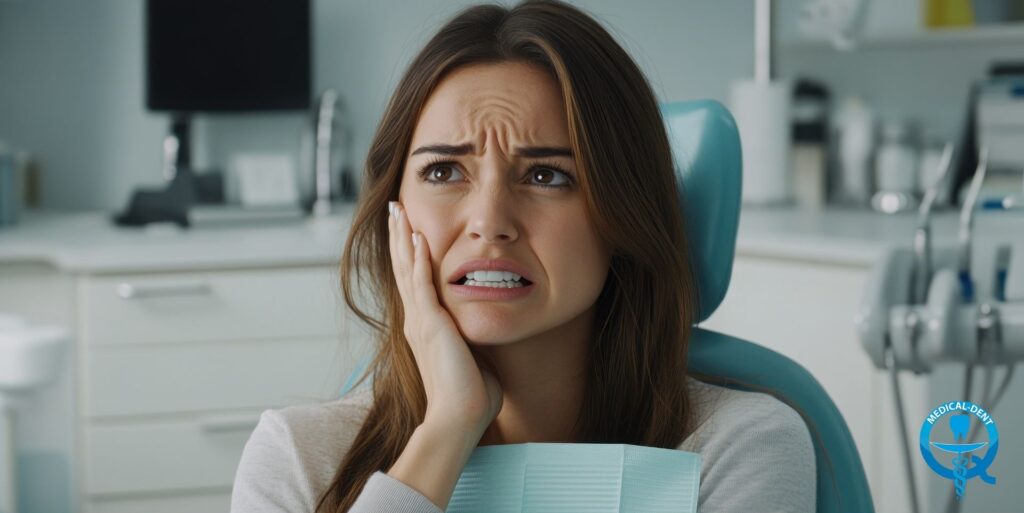 The painting shows a young woman sitting in a dentist's chair. She has brown hair and looks anxious or in pain. Her hand is touching her cheek and her mouth is slightly open. In the background you can see typical dental office equipment, such as a monitor and dental instruments. The image seems to illustrate the situation when the patient visits the dentist.